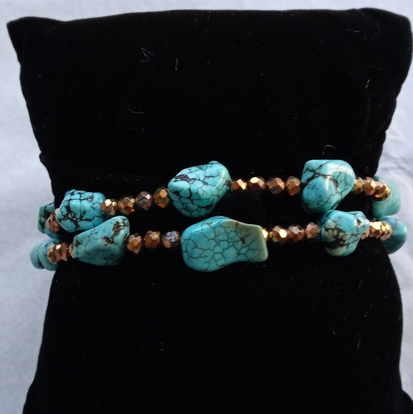Turquoise Leather Bracelet with Beads and Turquoise Chunks - Picture 2 of 3